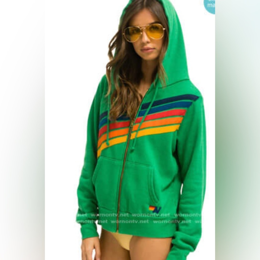 Aviator Nation Green Zip-Up Hoodie Cross Rainbow Stripes Small